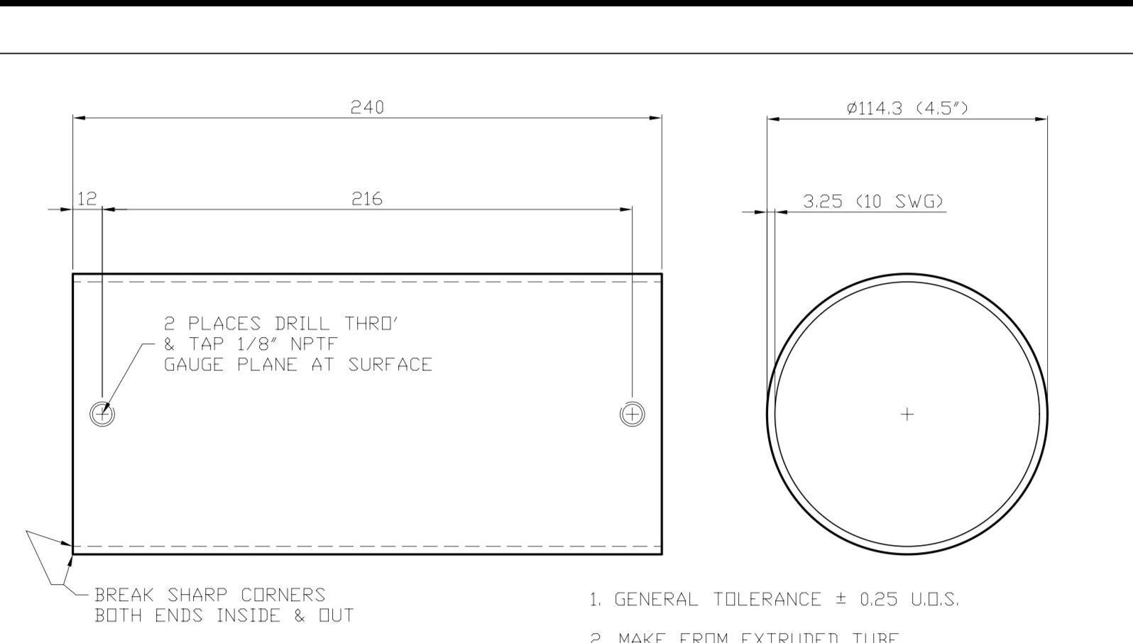 Engineering drawing of an extruded tube component quoted by a tooling manufacturer