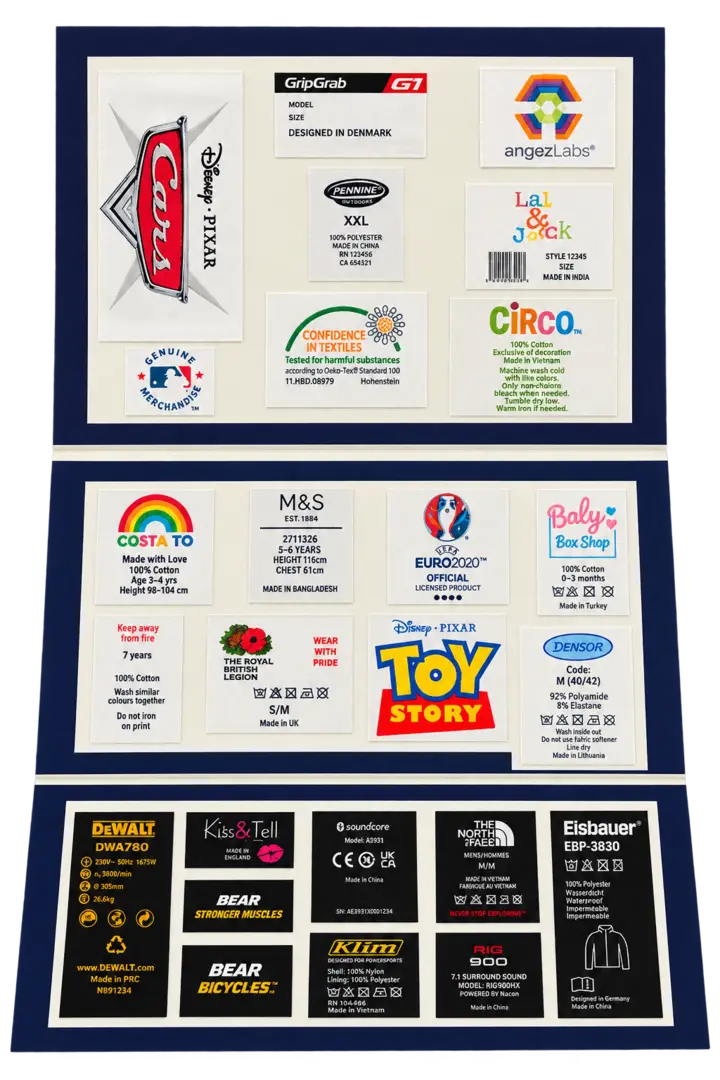 Sample board of woven and printed garment labels produced by the manufacturer